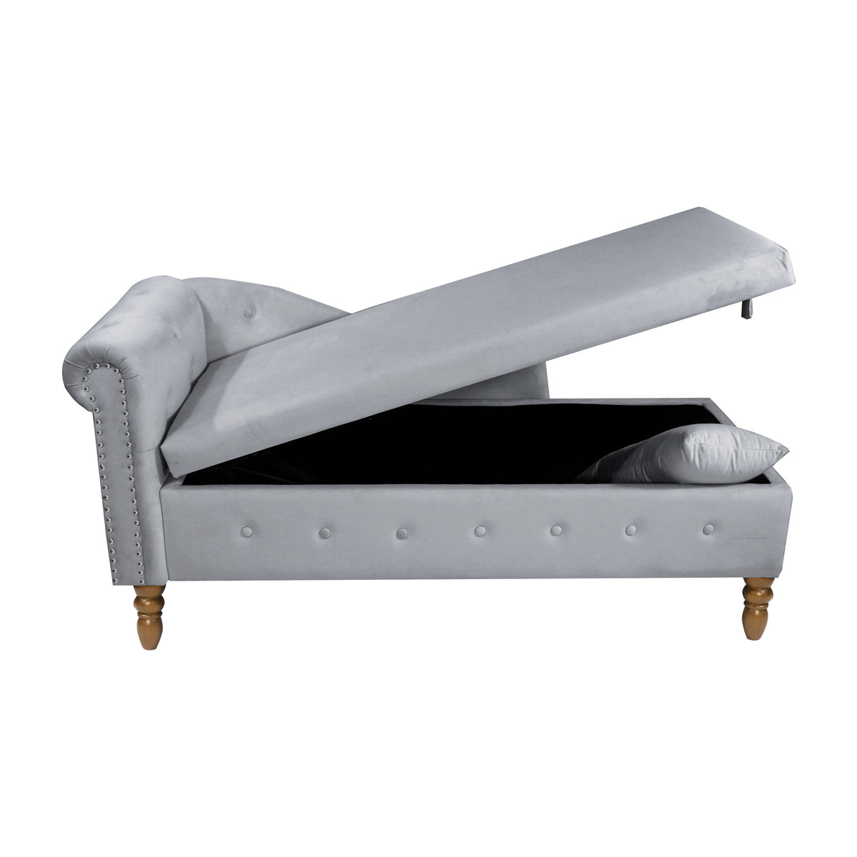 Grey Velvet Chaise Lounge with Storage for Bedroom