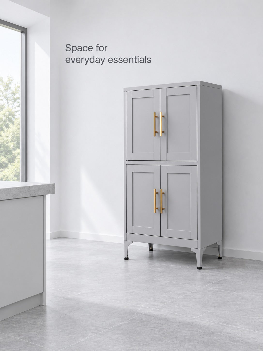Grey Metal Kitchen Storage Cabinet with Doors & Shelf