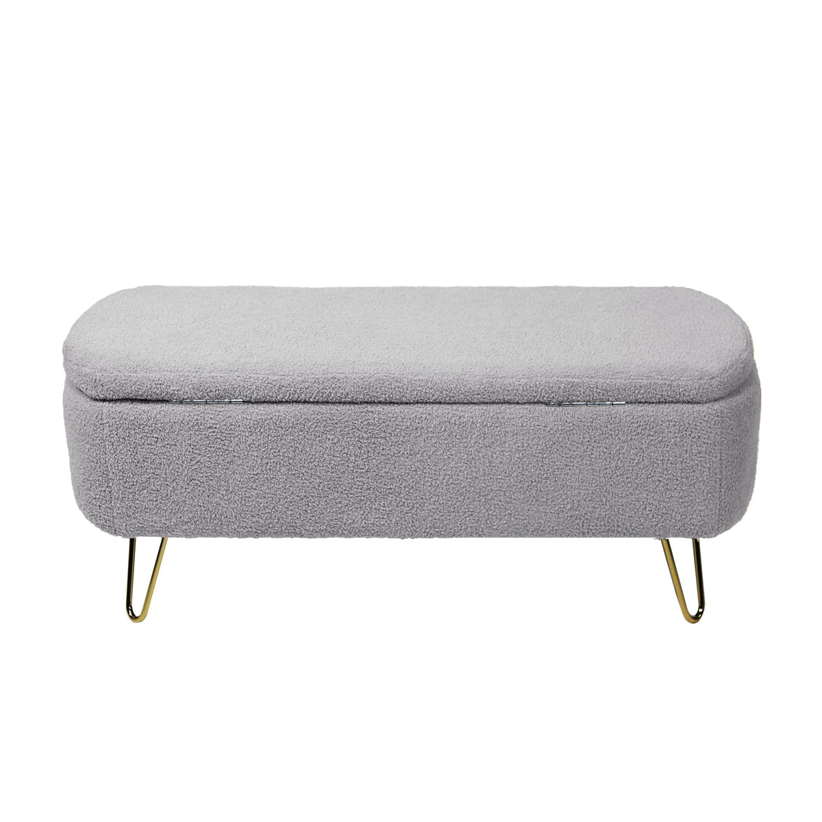 Grey Bouclé Storage Ottoman Bench with Gold Legs