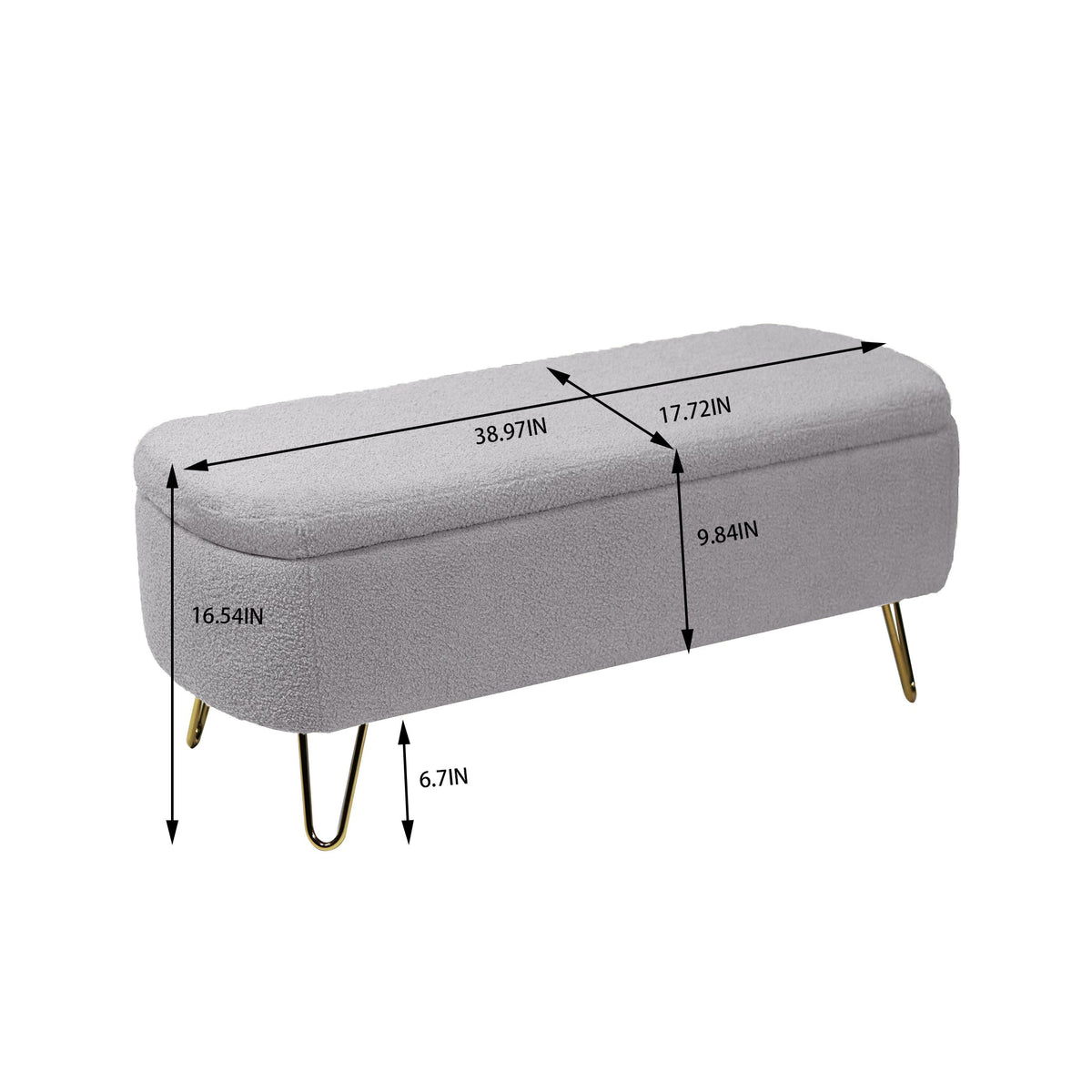 Grey Bouclé Storage Ottoman Bench with Gold Legs