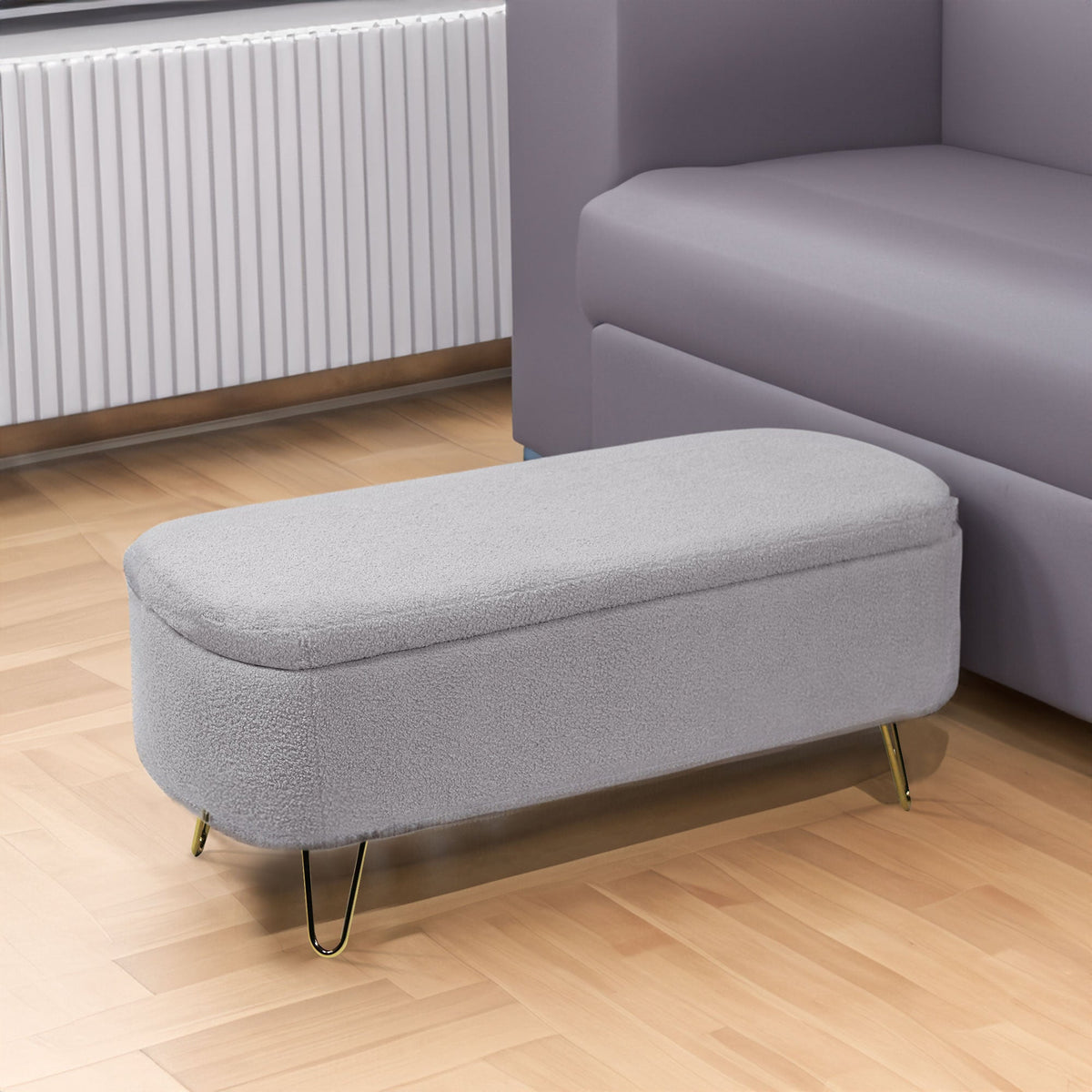 Grey Bouclé Storage Ottoman Bench with Gold Legs