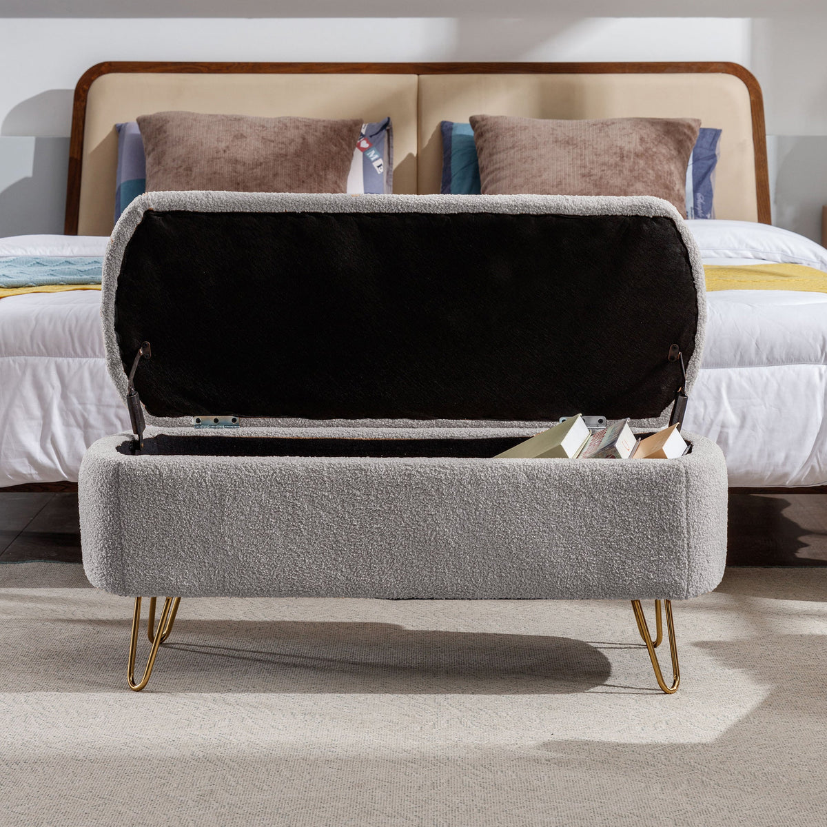 Grey Bouclé Storage Ottoman Bench with Gold Legs