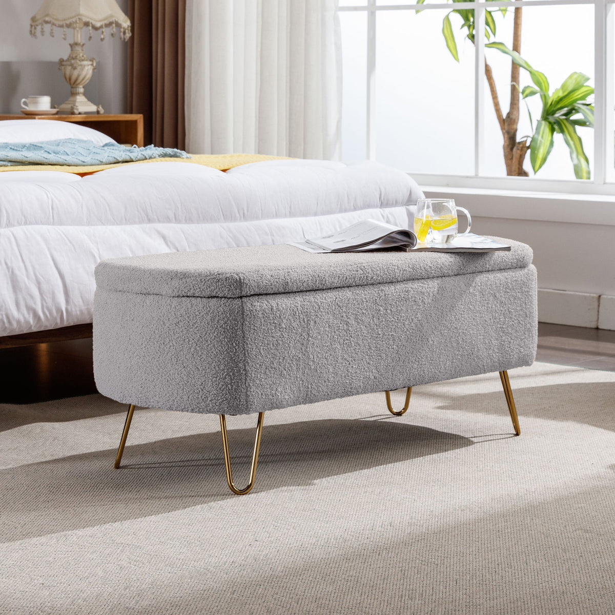 Grey Bouclé Storage Ottoman Bench with Gold Legs