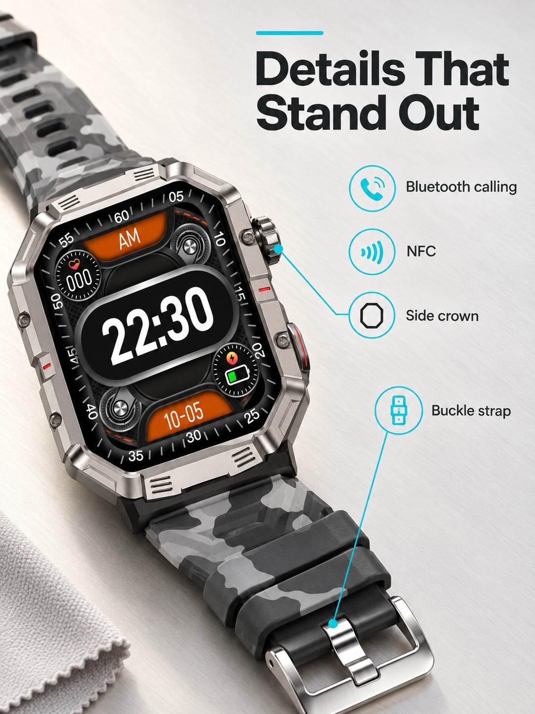 Rugged Military Smartwatch with Bluetooth Calling & NFC