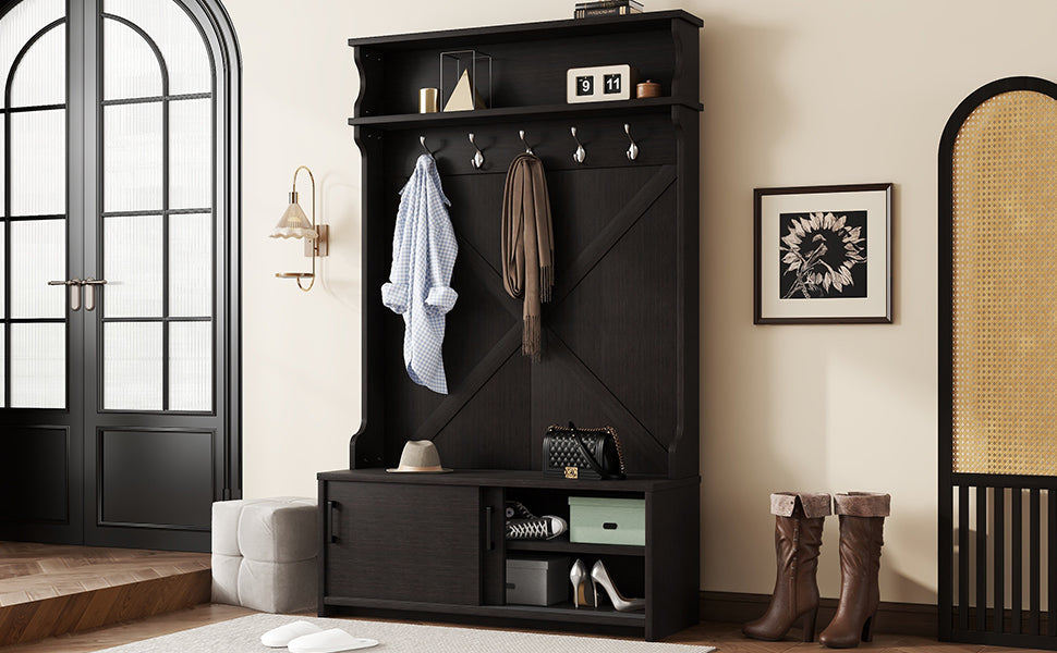 Entryway Hall Tree with Bench, Shoe Cabinet and Hooks
