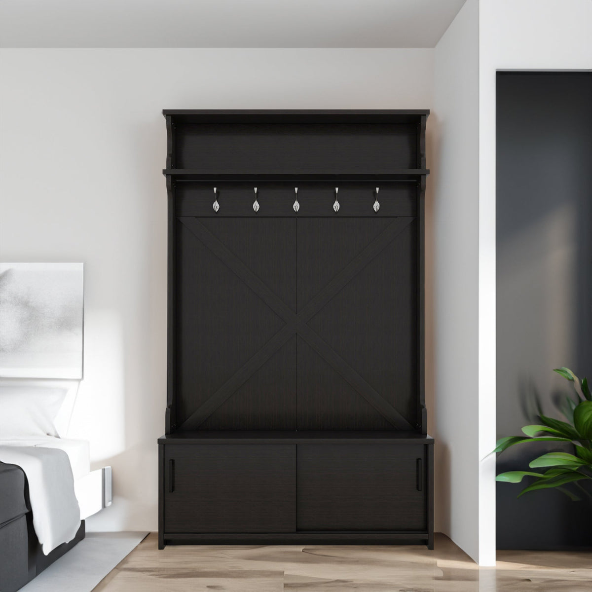 Entryway Hall Tree with Bench, Shoe Cabinet and Hooks