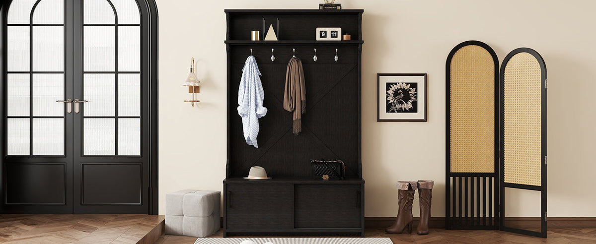 Entryway Hall Tree with Bench, Shoe Cabinet and Hooks