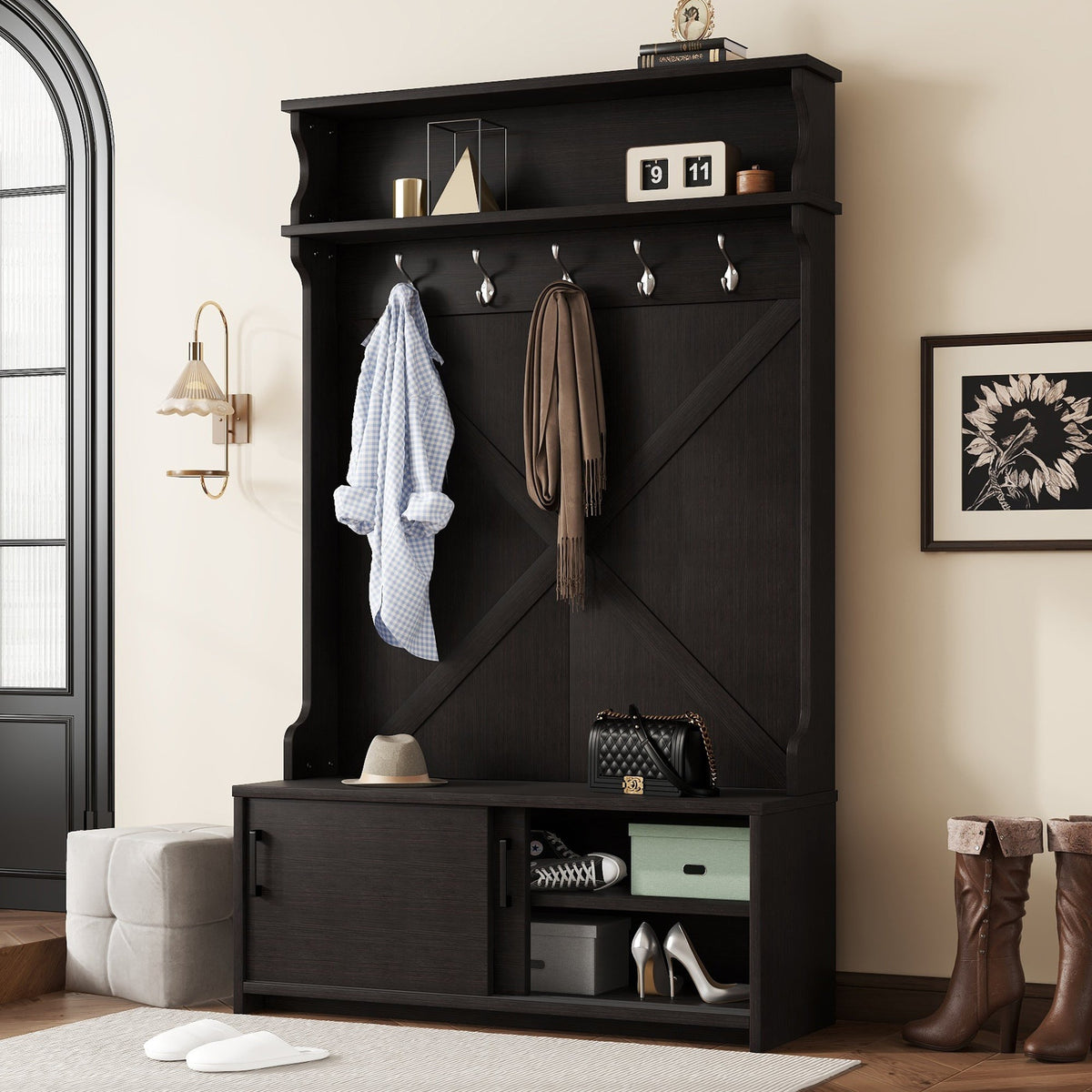Entryway Hall Tree with Bench, Shoe Cabinet and Hooks