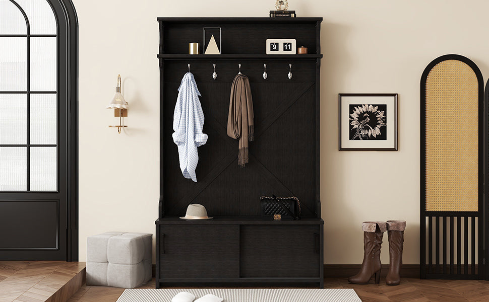 Entryway Hall Tree with Bench, Shoe Cabinet and Hooks