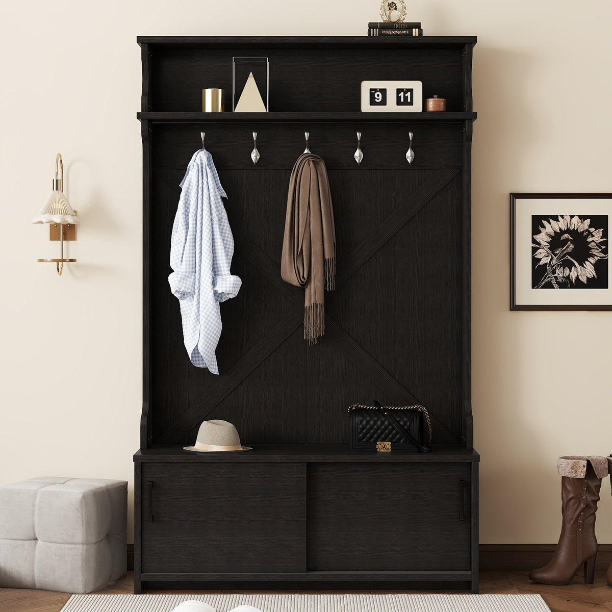 Entryway Hall Tree with Bench, Shoe Cabinet and Hooks