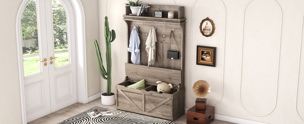 Oak Entryway Hall Tree with Storage Bench and Hooks