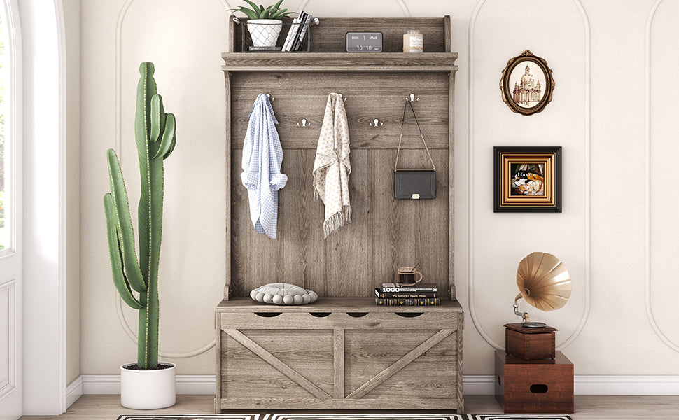 Oak Entryway Hall Tree with Storage Bench and Hooks