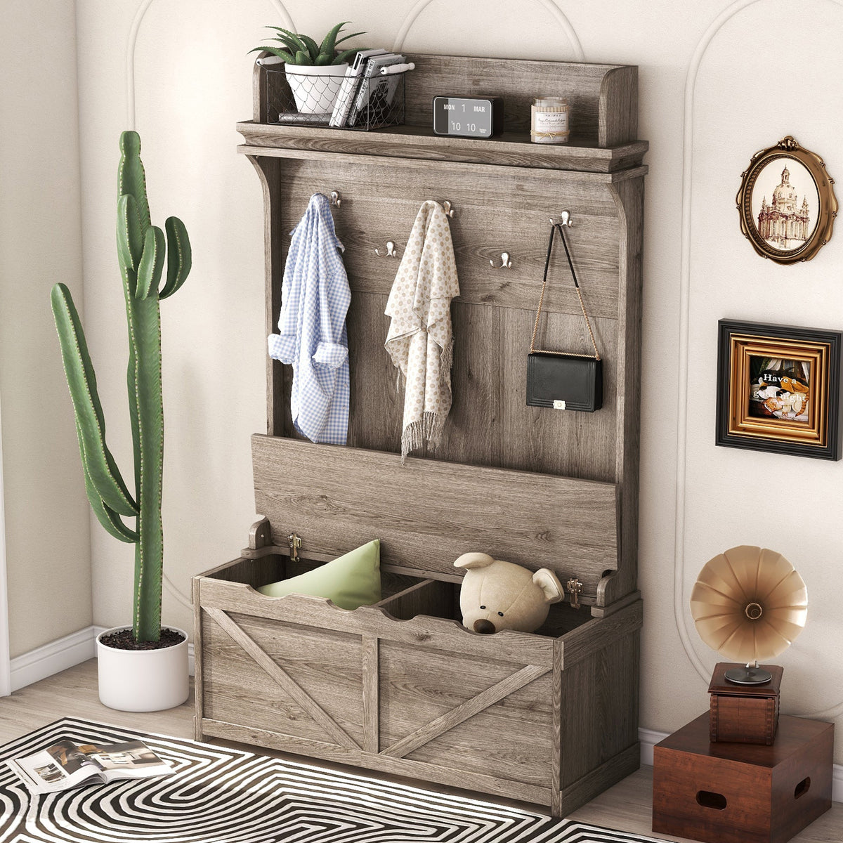 Oak Entryway Hall Tree with Storage Bench and Hooks