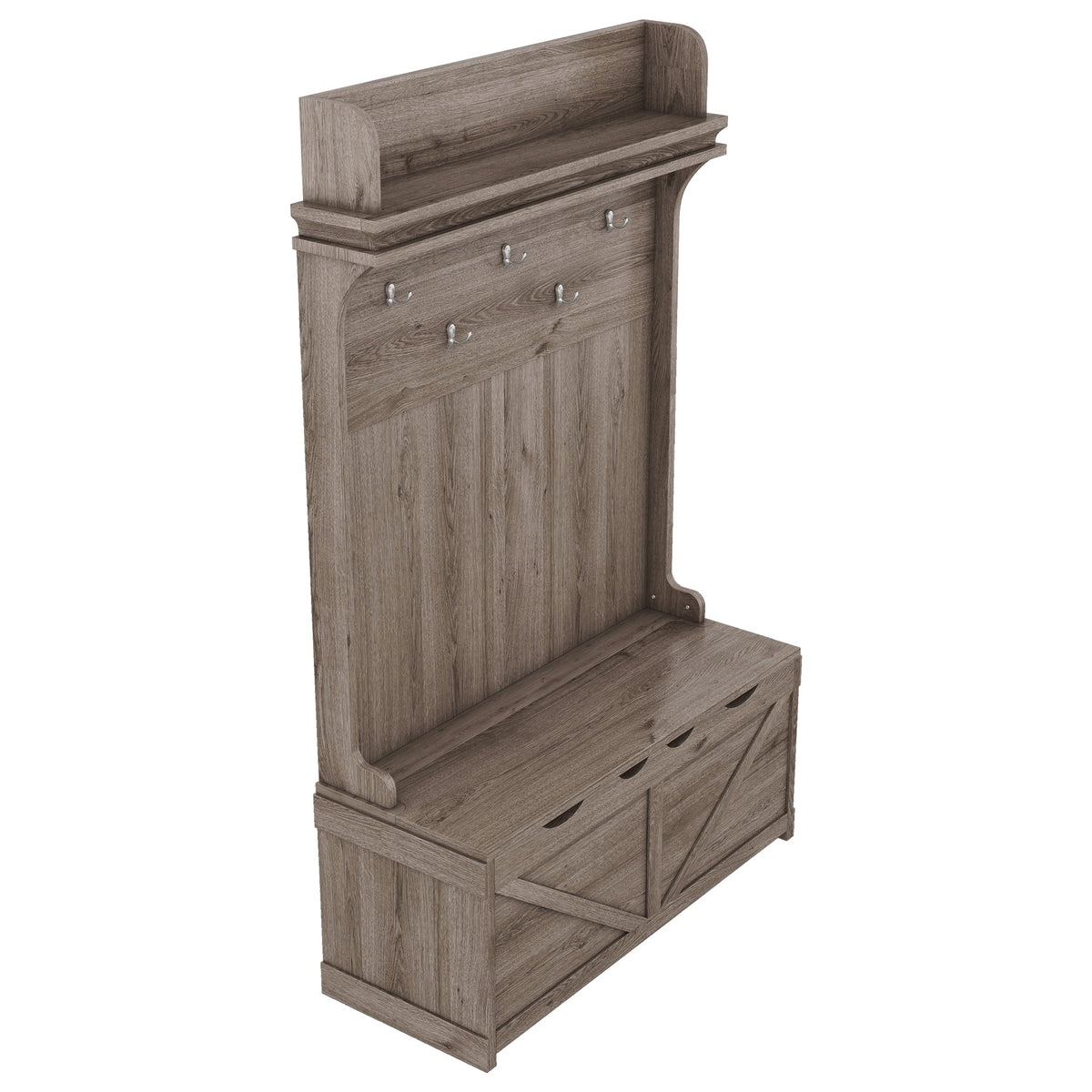 Oak Entryway Hall Tree with Storage Bench and Hooks