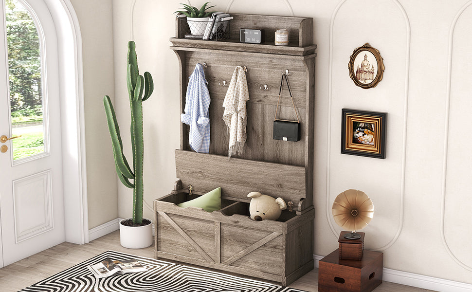 Oak Entryway Hall Tree with Storage Bench and Hooks