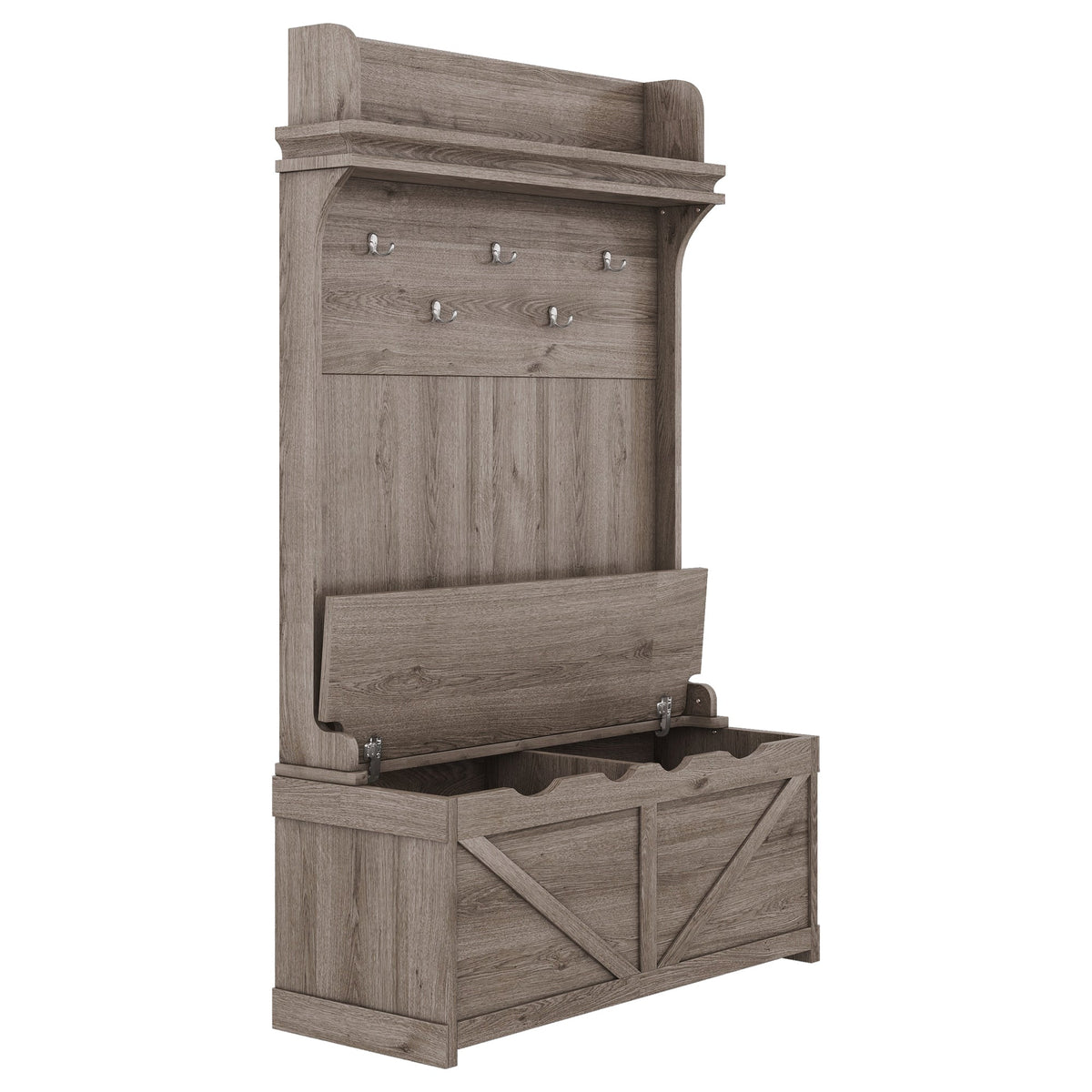 Oak Entryway Hall Tree with Storage Bench and Hooks