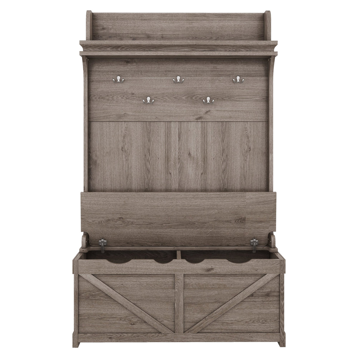 Oak Entryway Hall Tree with Storage Bench and Hooks