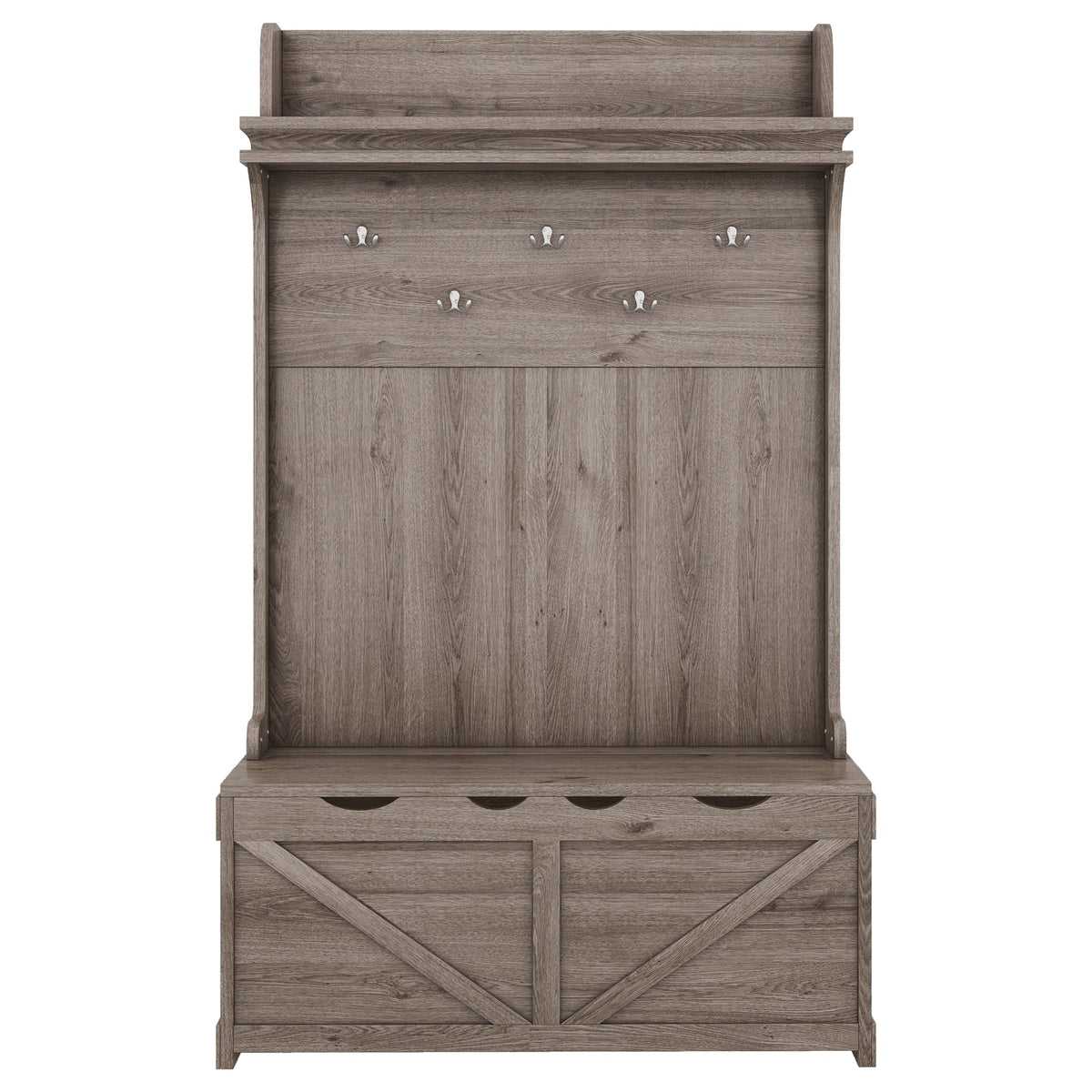 Oak Entryway Hall Tree with Storage Bench and Hooks
