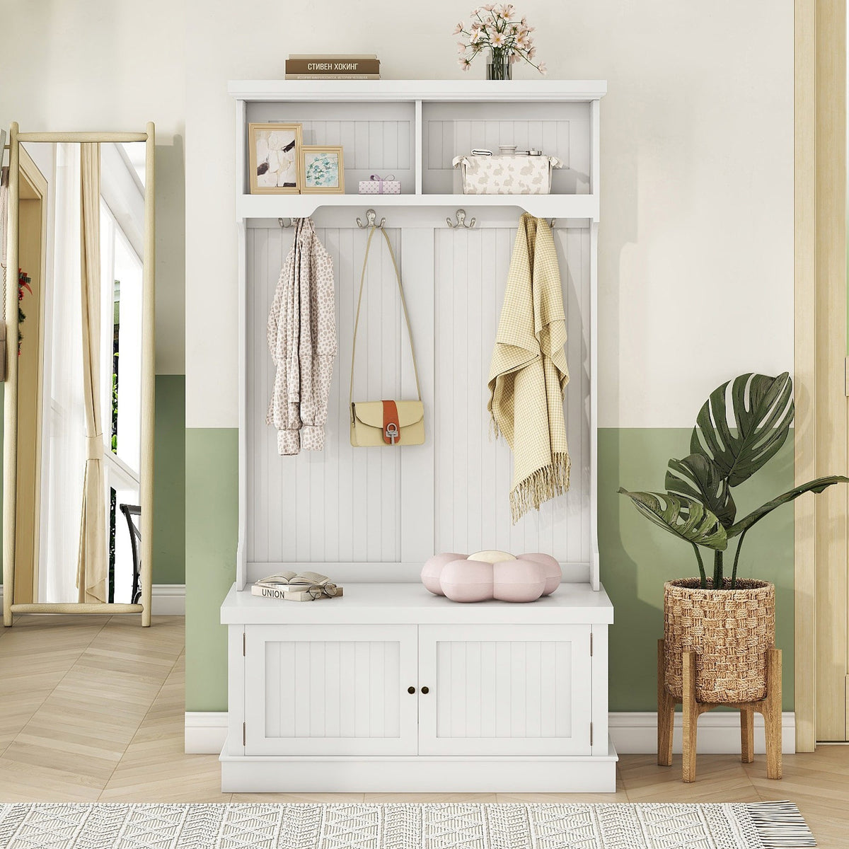Hall Tree with Shoe Bench and Coat Hooks, White
