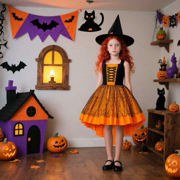 Girls Halloween Costume Dress With Dramatic Trail Skirt