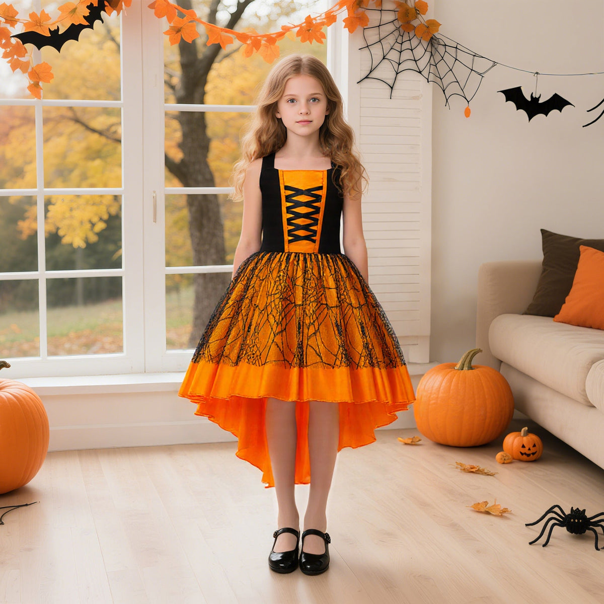 Girls Halloween Costume Dress With Dramatic Trail Skirt