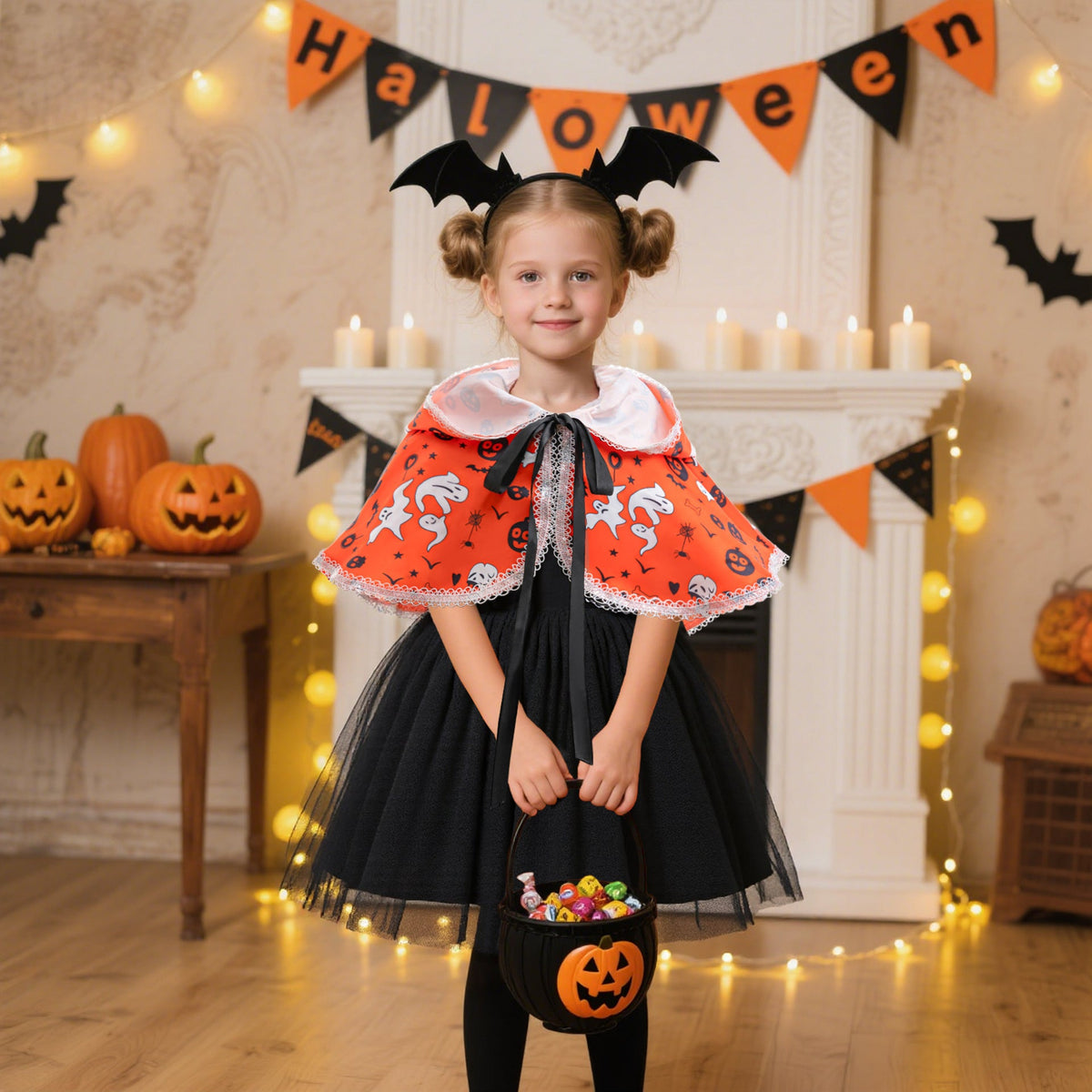 Girls Halloween Costume Dress with Puffy Tulle Shawl