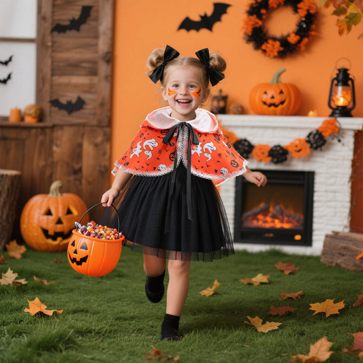 Girls Halloween Costume Dress with Puffy Tulle Shawl