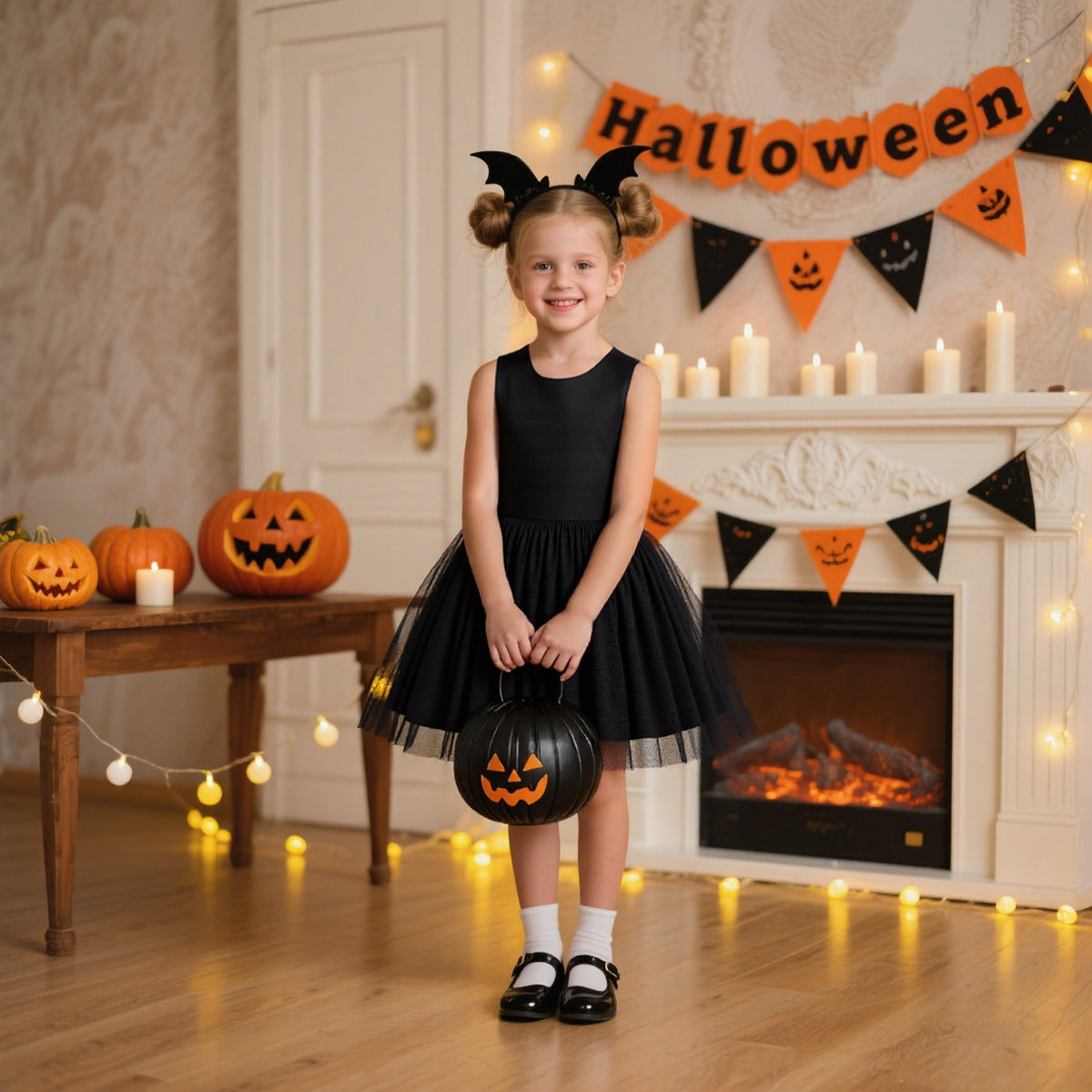 Girls Halloween Costume Dress with Puffy Tulle Shawl
