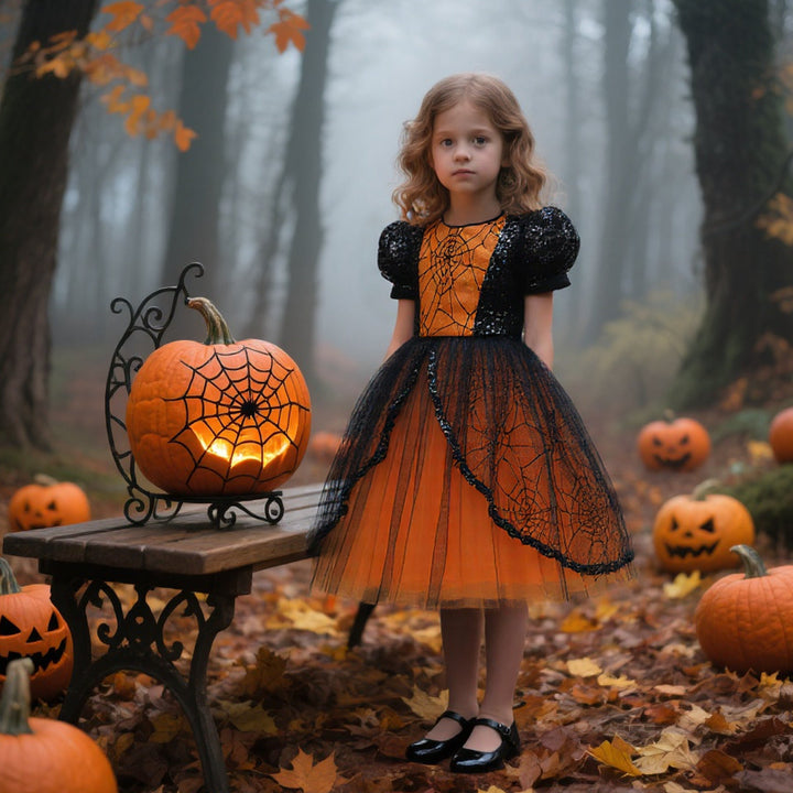 Girls' Halloween Costume Dress With Spiderweb Tulle