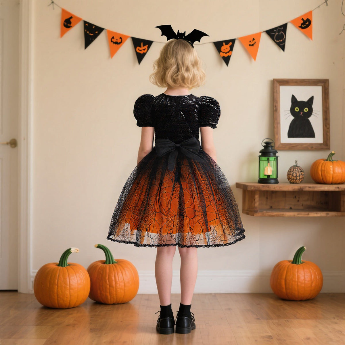 Girls' Halloween Costume Dress With Spiderweb Tulle