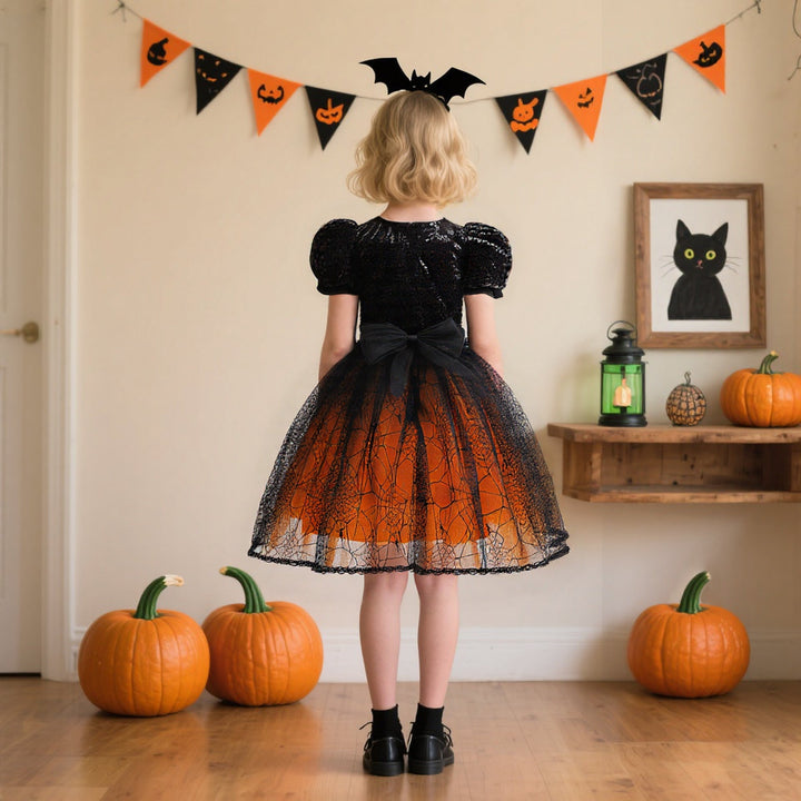 Girls' Halloween Costume Dress With Spiderweb Tulle