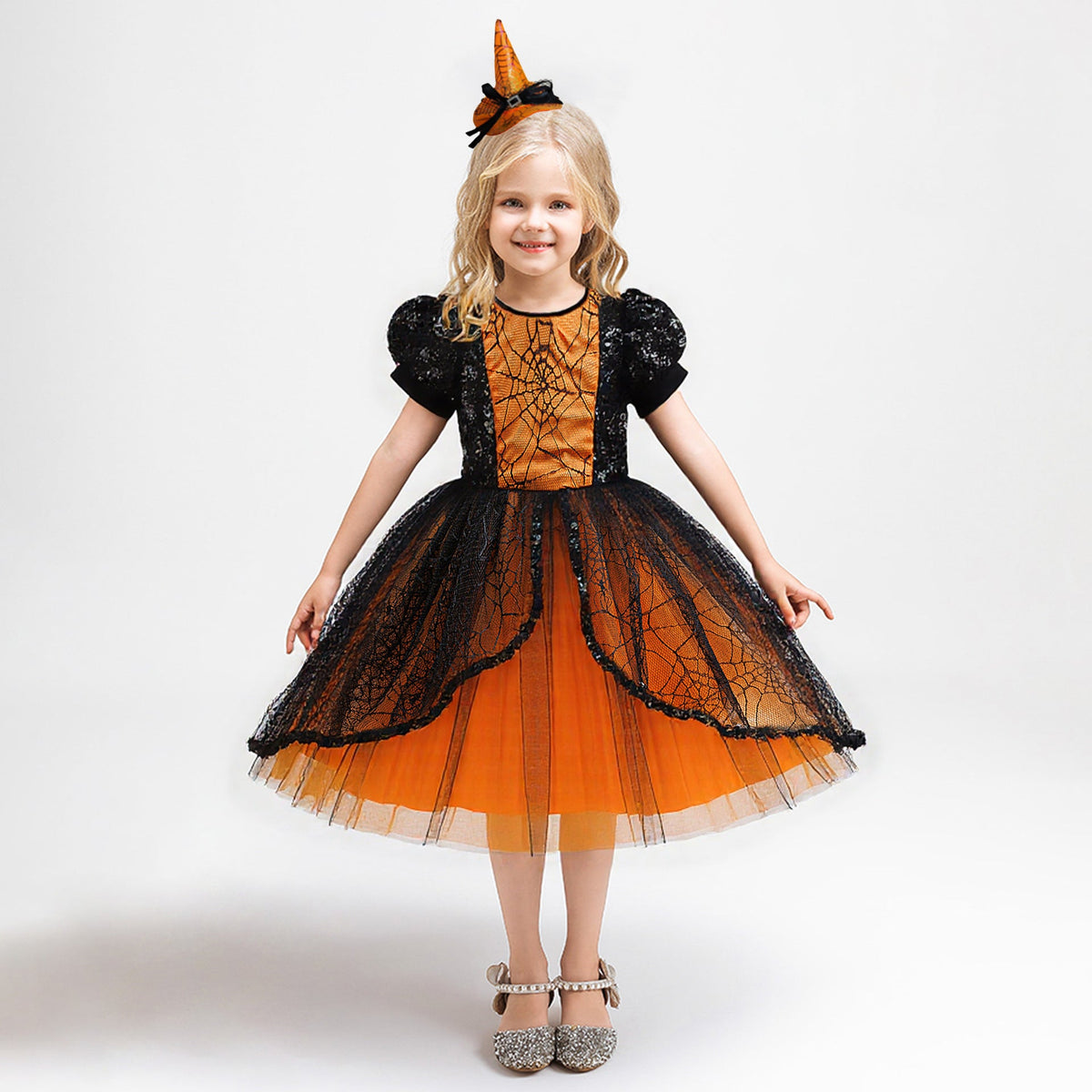 Girls' Halloween Costume Dress With Spiderweb Tulle