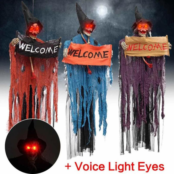 Hanging Ghost Decoration With Glowing Red Eyes Display