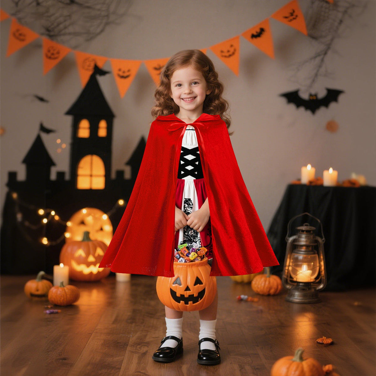 Girls Halloween Costume Set with Shiny Red Hooded Cape