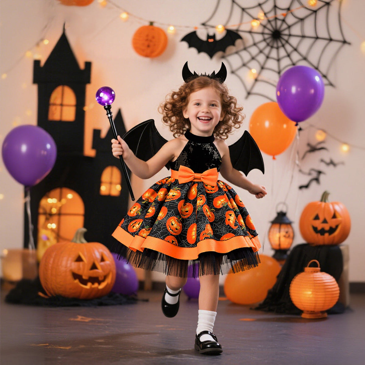 Halloween Girls Dress — Pumpkin Print Princess Look