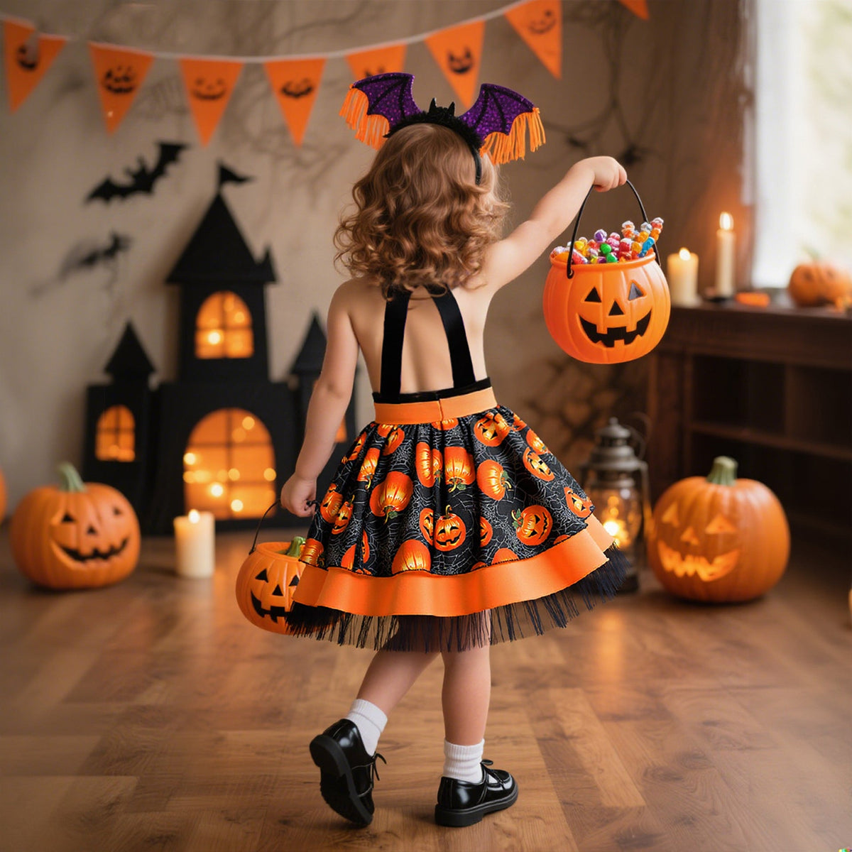 Halloween Girls Dress — Pumpkin Print Princess Look
