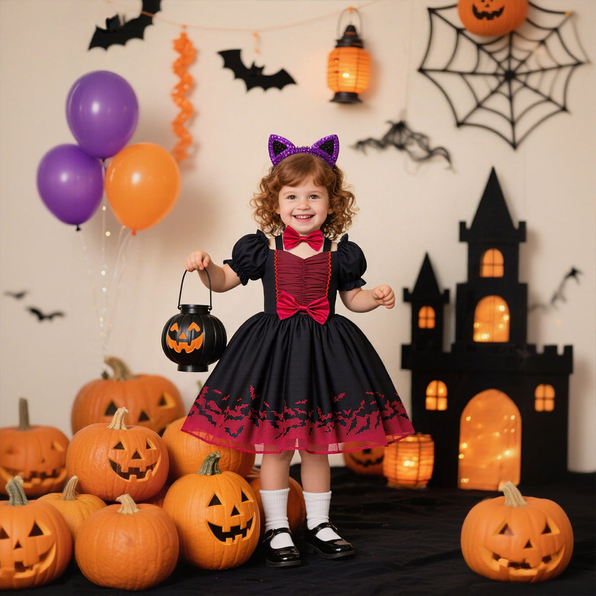Girls' Halloween Princess Dress With Bat-Print Trim