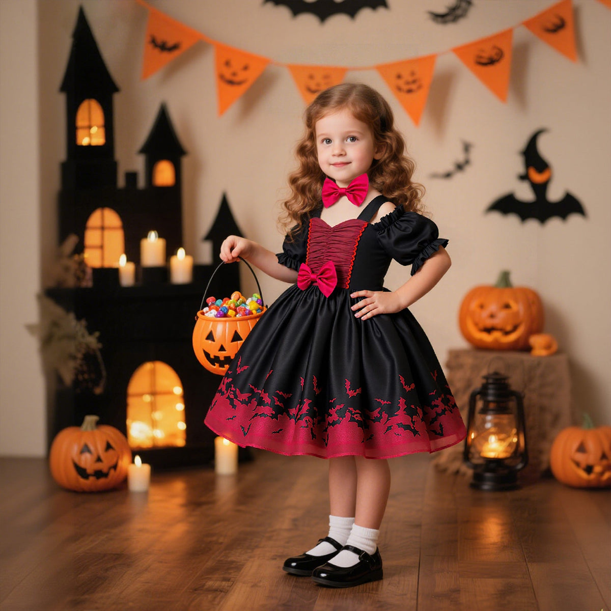 Girls' Halloween Princess Dress With Bat-Print Trim