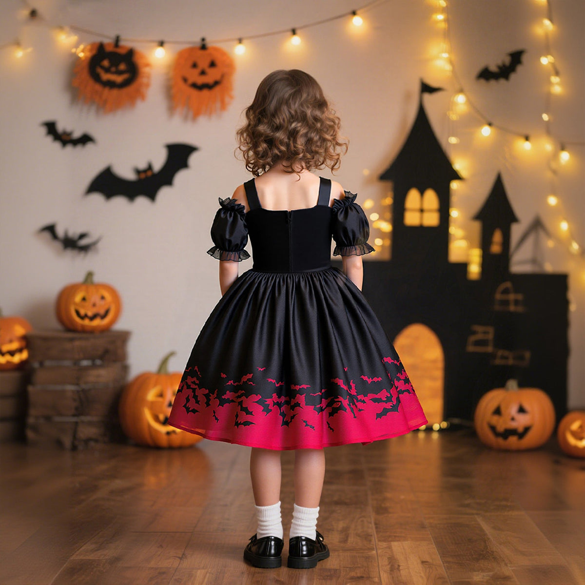 Girls' Halloween Princess Dress With Bat-Print Trim