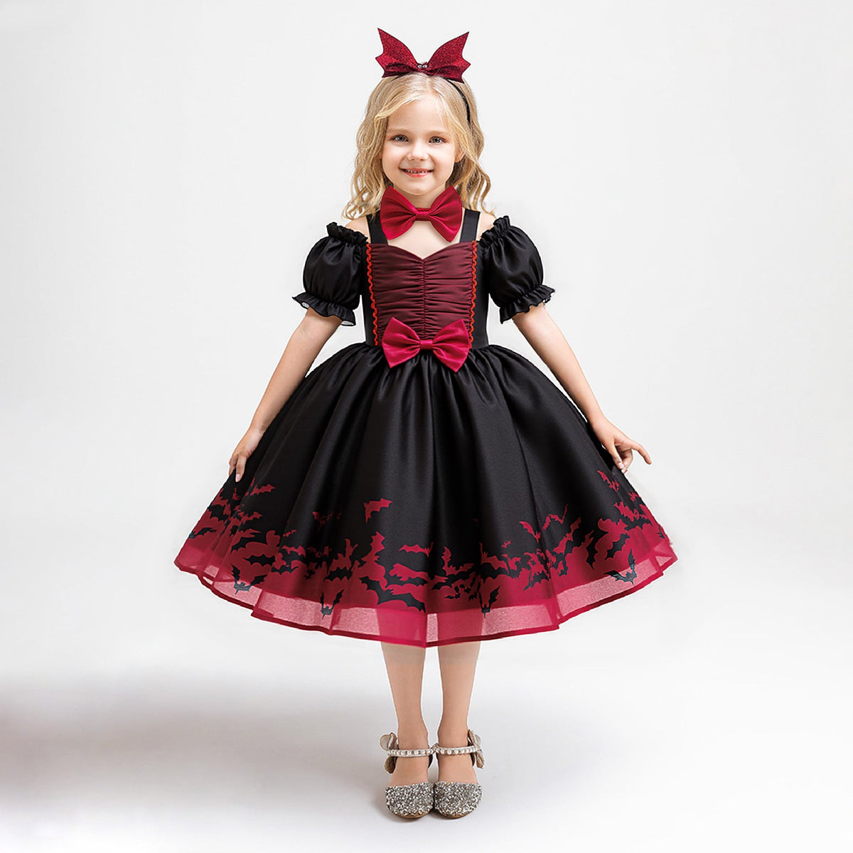 Girls' Halloween Princess Dress With Bat-Print Trim