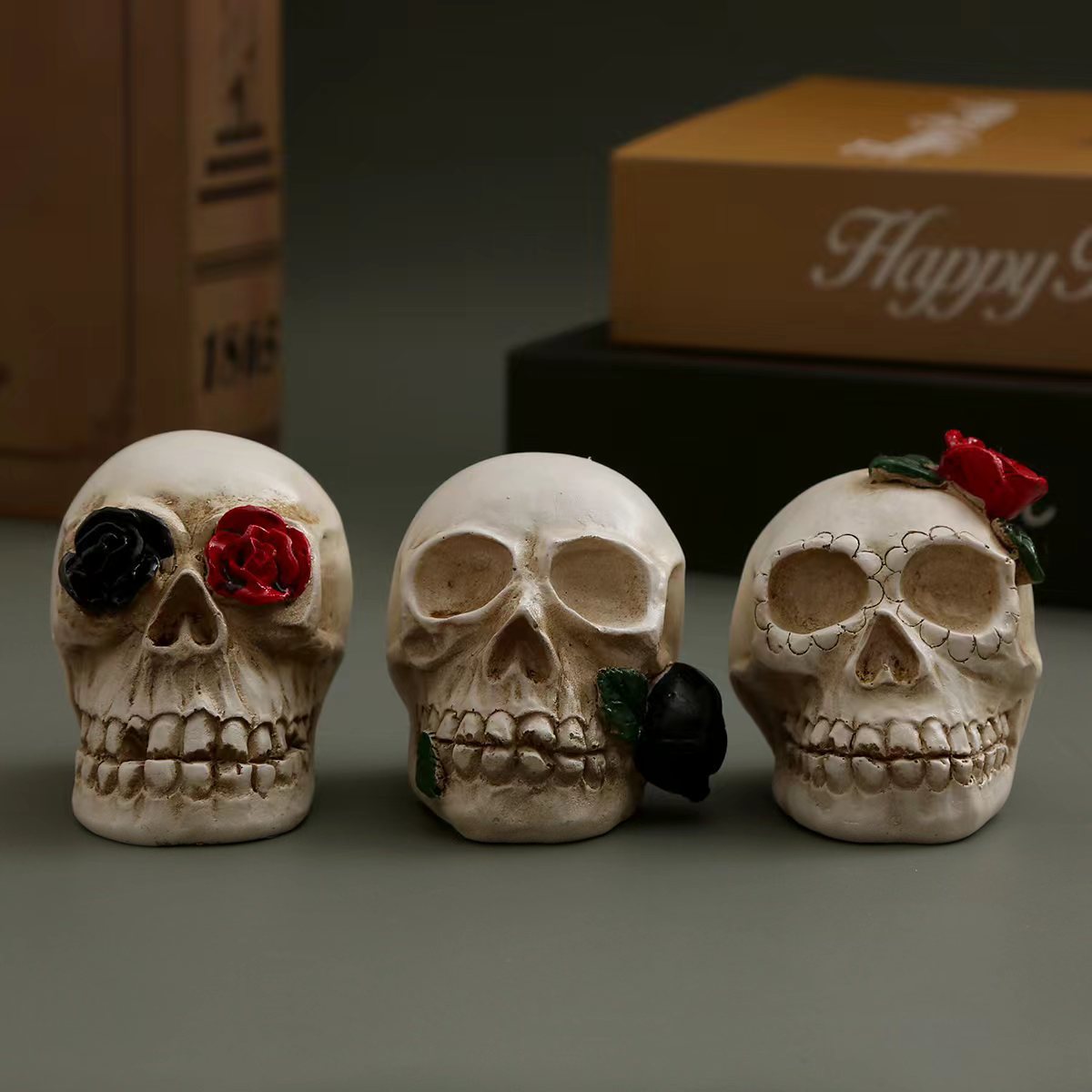 Halloween Skull Ornaments With Warm Amber LED Glow