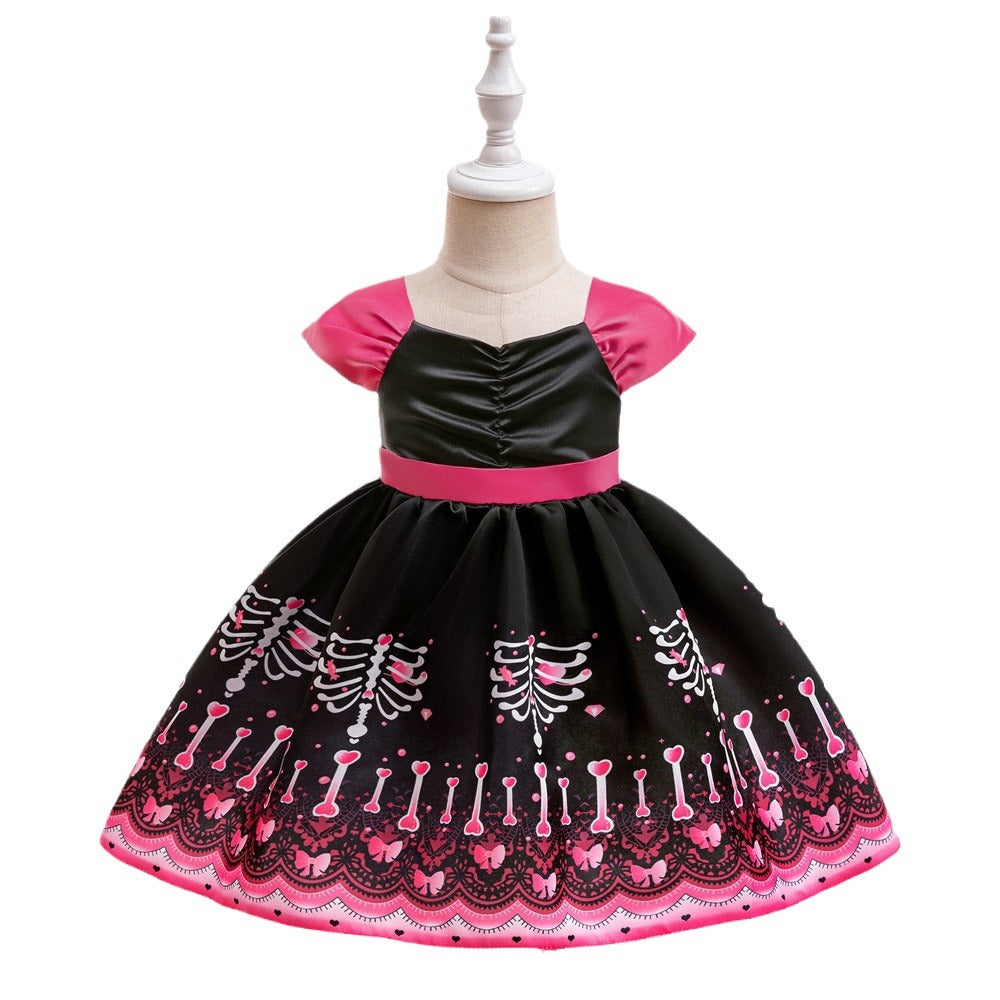 Halloween Princess Costume Dress With Skeleton Print
