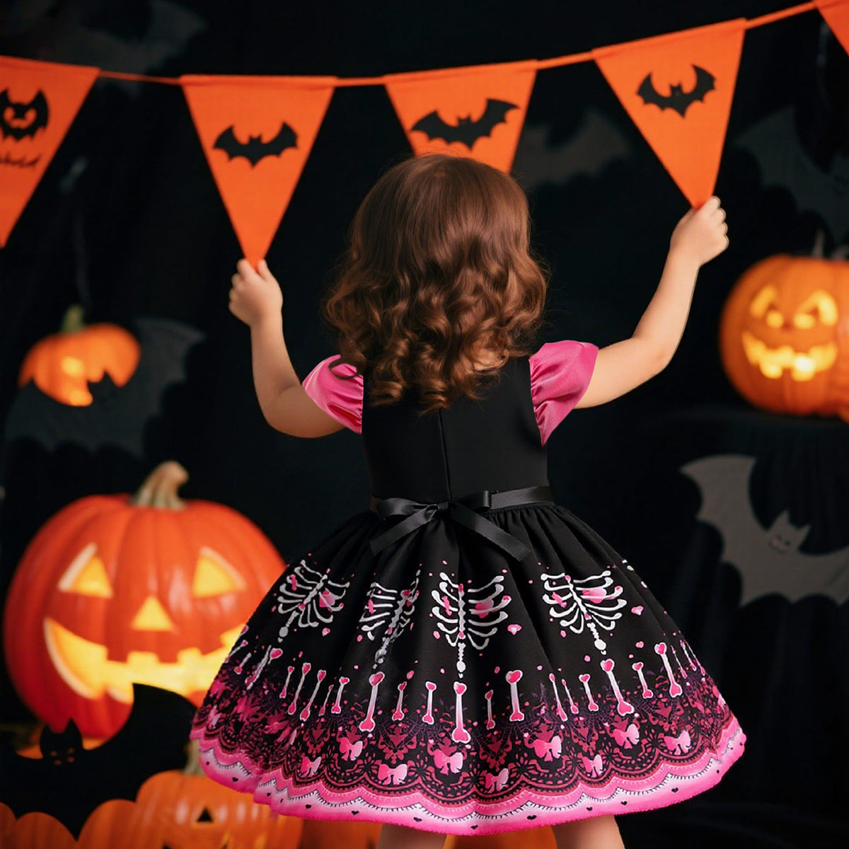 Halloween Princess Costume Dress With Skeleton Print