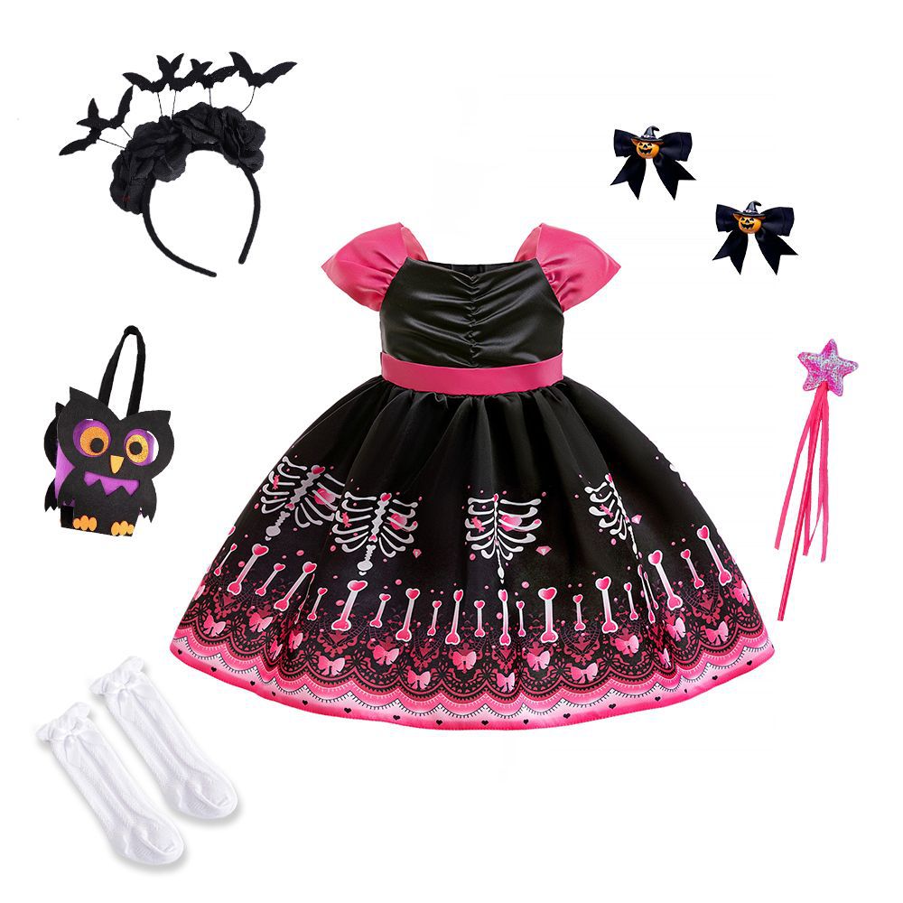 Halloween Princess Costume Dress With Skeleton Print