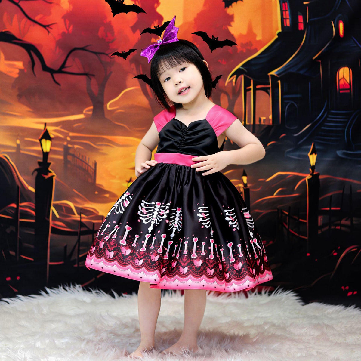 Halloween Princess Costume Dress With Skeleton Print
