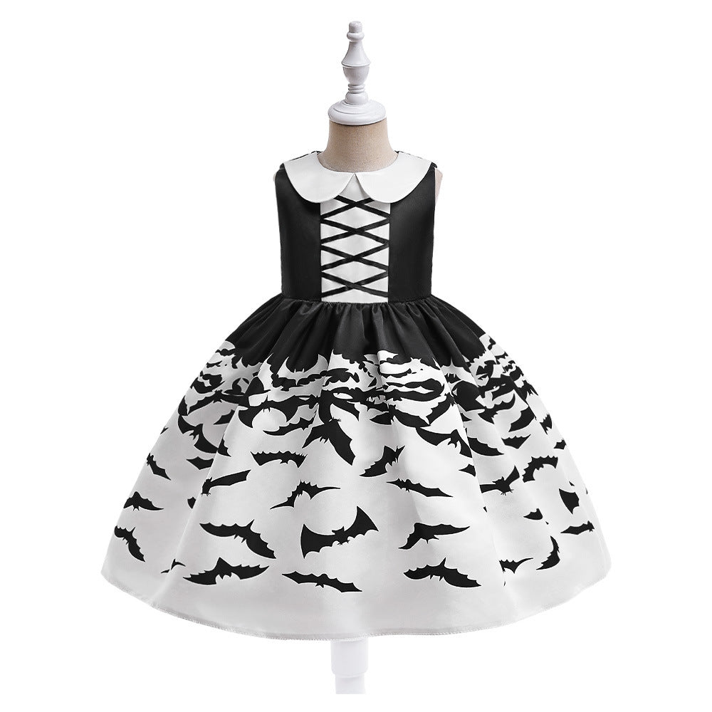 Halloween Princess Dress for Girls, Bat Print & Candy Bag
