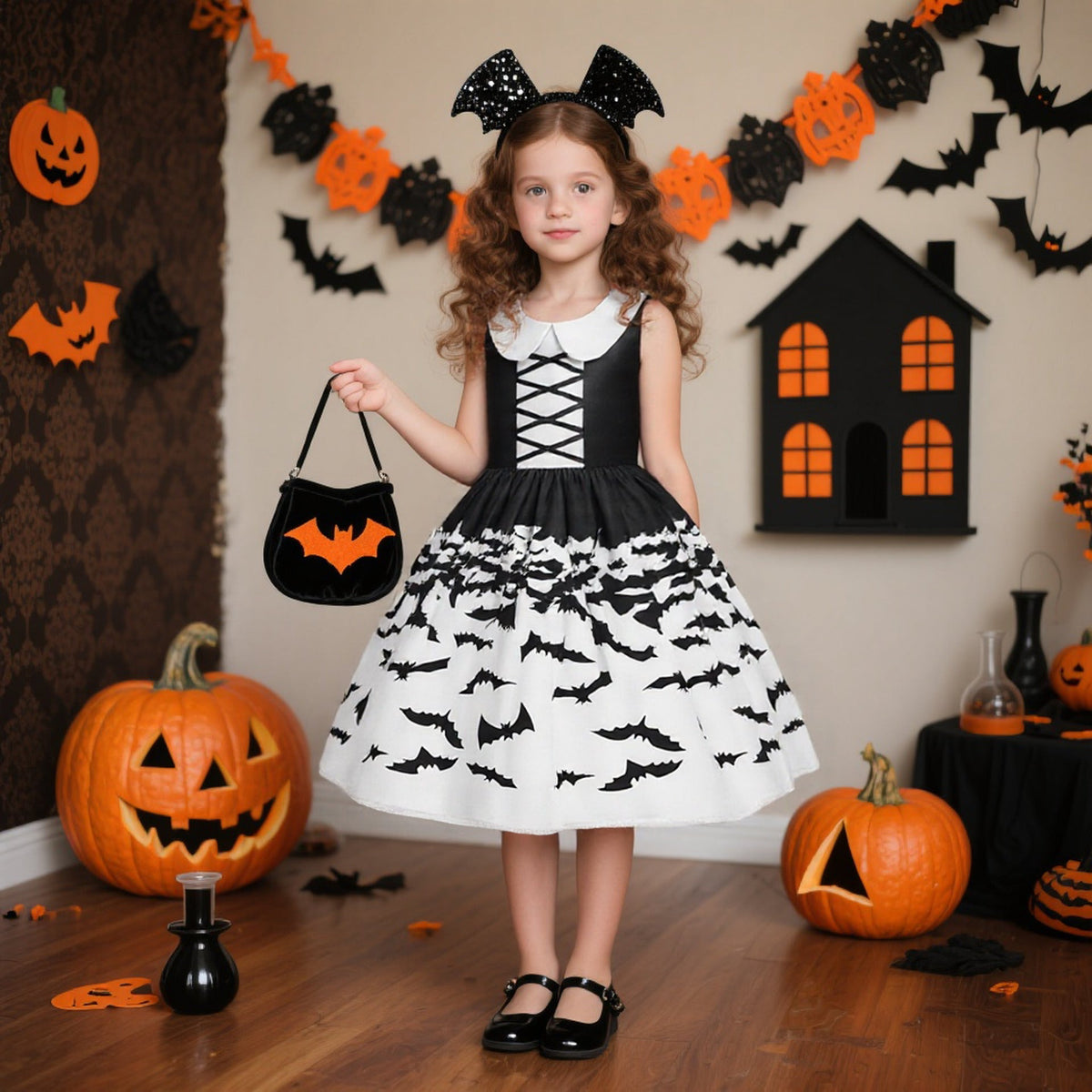 Halloween Princess Dress for Girls, Bat Print & Candy Bag