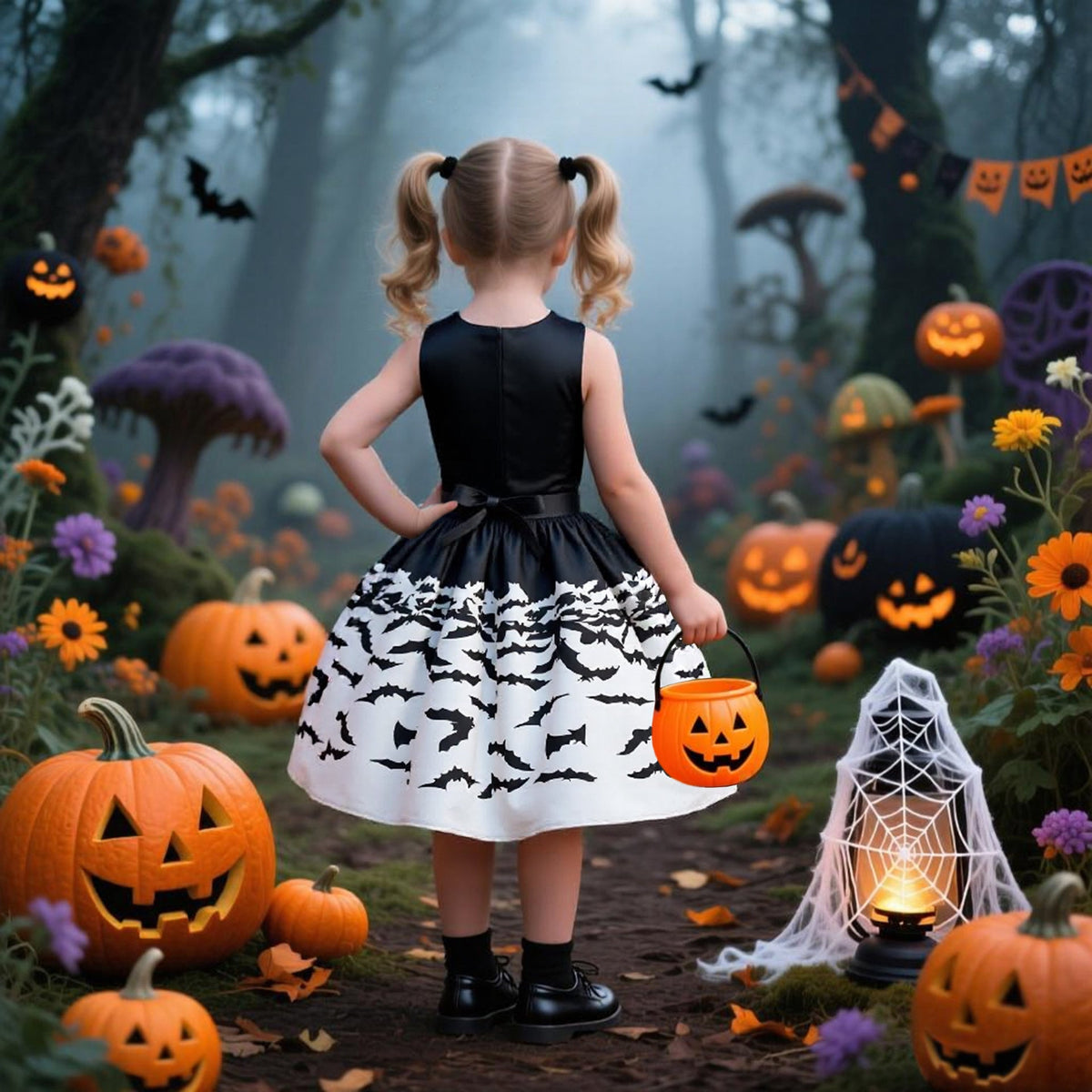 Halloween Princess Dress for Girls, Bat Print & Candy Bag