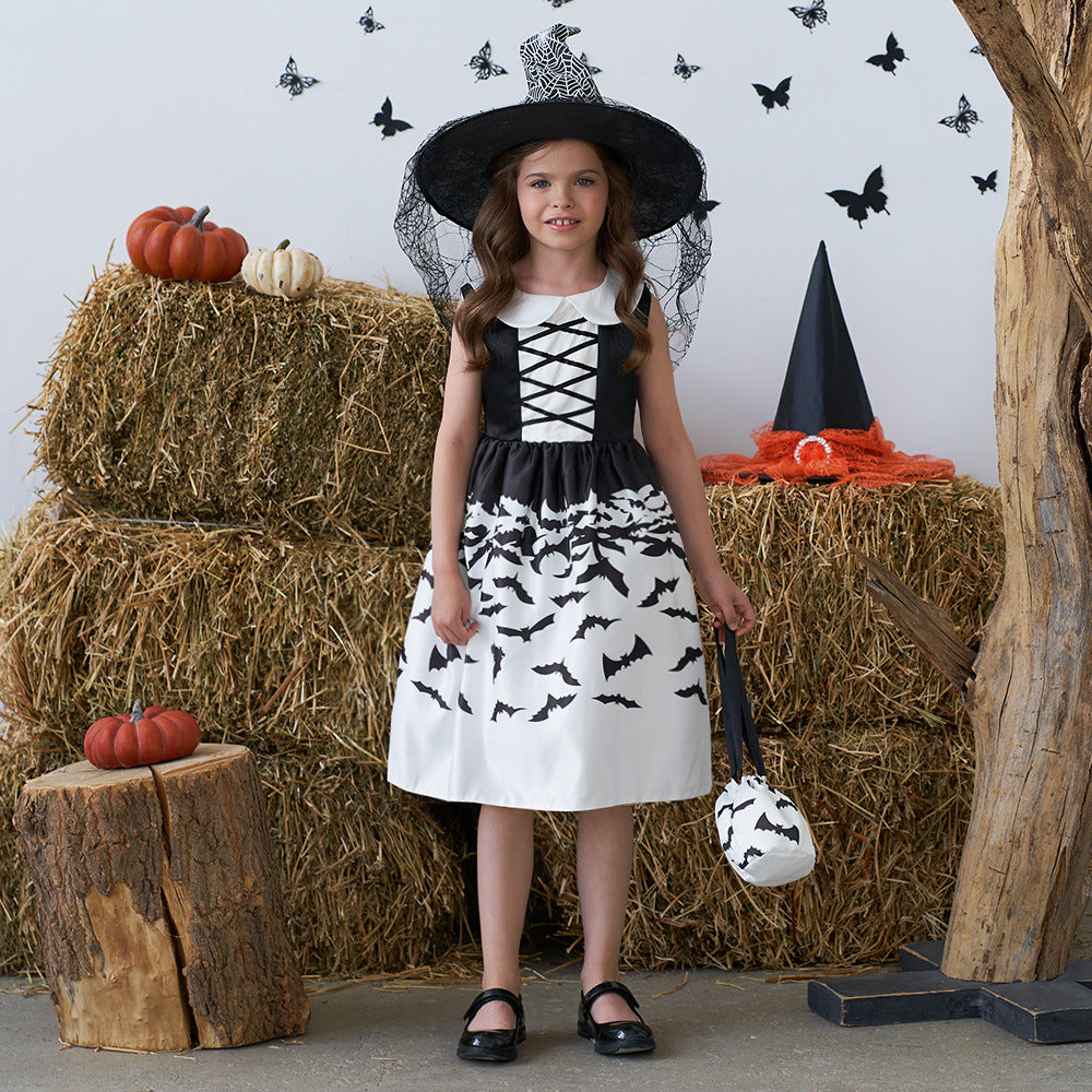 Halloween Princess Dress for Girls, Bat Print & Candy Bag