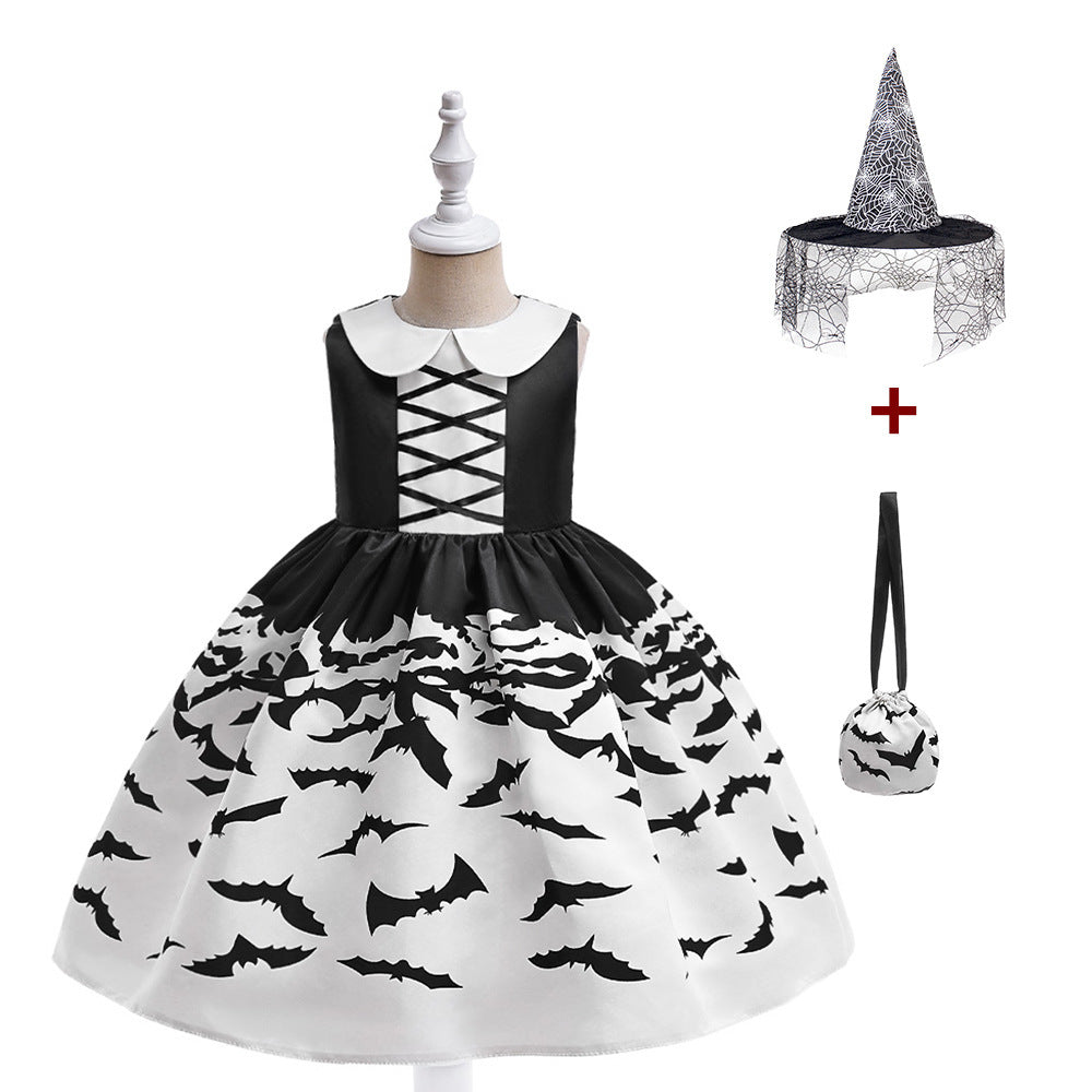 Halloween Princess Dress for Girls, Bat Print & Candy Bag